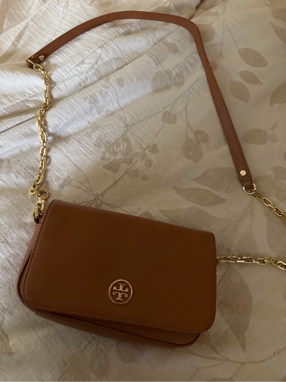 Tory Burch Tan Leather Crossbody with Gold Chain Strap